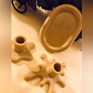 Handmade 3pc candle holders and plate